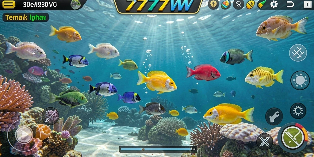 Gameplay menembak ikan yang seru dan penuh warna di 7777W.