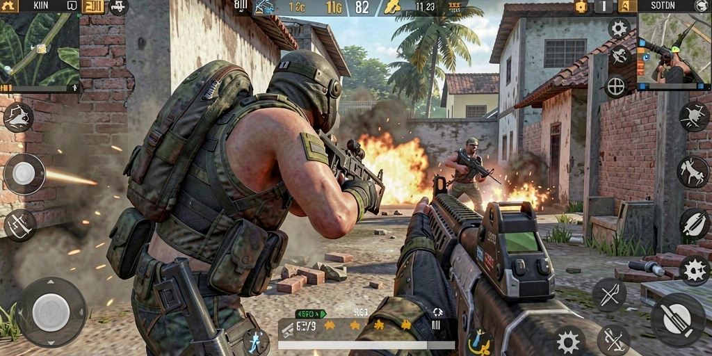 Gameplay mendebarkan dari aplikasi FPS 8II saat pertempuran intens.
