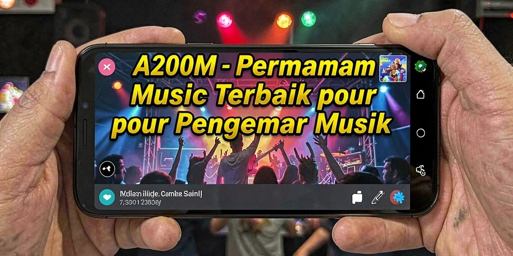 Tampilan gameplay A200M yang menarik dengan alat musik dan lagu-lagu populer.