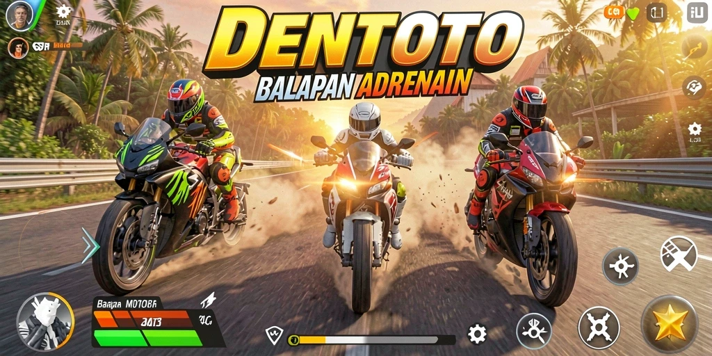 Tampilan gameplay DENTOTO dengan motor balap yang cepat dan trek menantang.