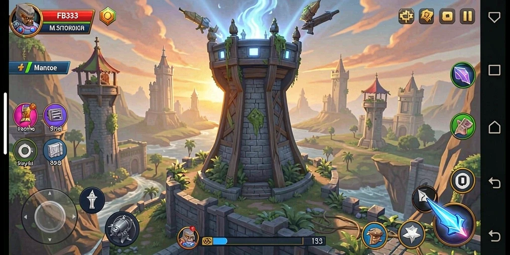 Tampilan menarik dari gameplay FB333 dengan menara dan strategi pertahanan.