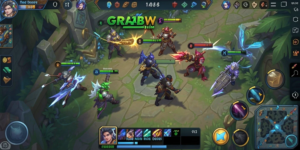Screenshot gameplay GRABWIN dengan pertempuran intens di arena MOBA.
