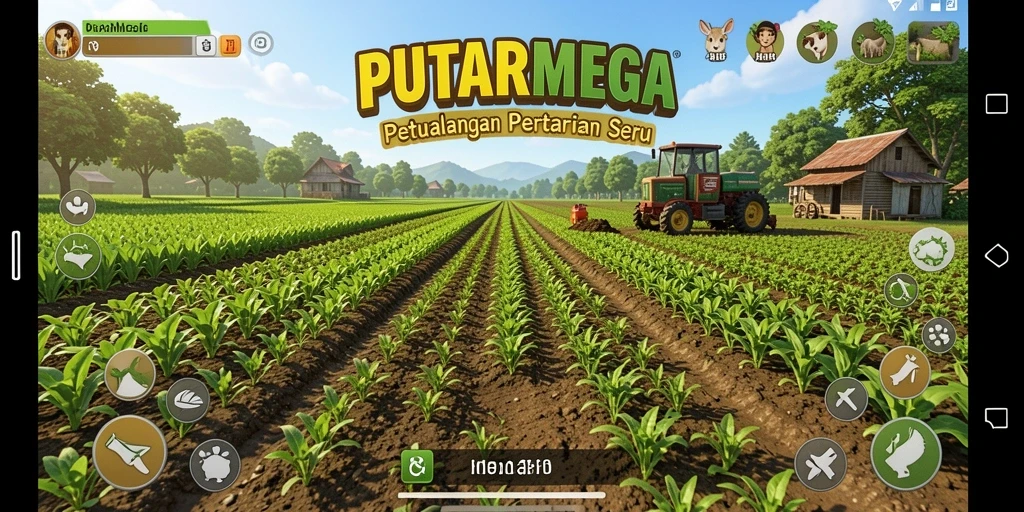 Screenshot utama PUTARMEGA menunjukkan gameplay pertanian yang menyenangkan.
