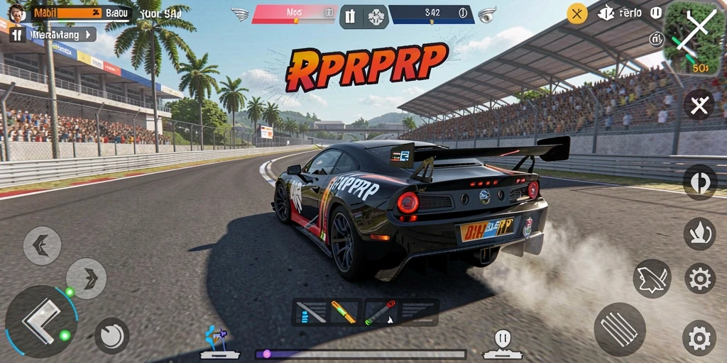 Screenshot gameplay RPRPRP menunjukkan aksi balapan yang mendebarkan.