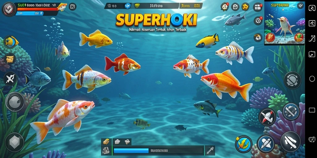 Screenshot gameplay SUPERHOKI menampilkan aksi seru menembak ikan.