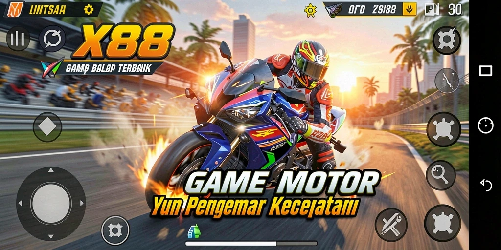 Tampilan gameplay menegangkan dari X88 dalam balapan motor.